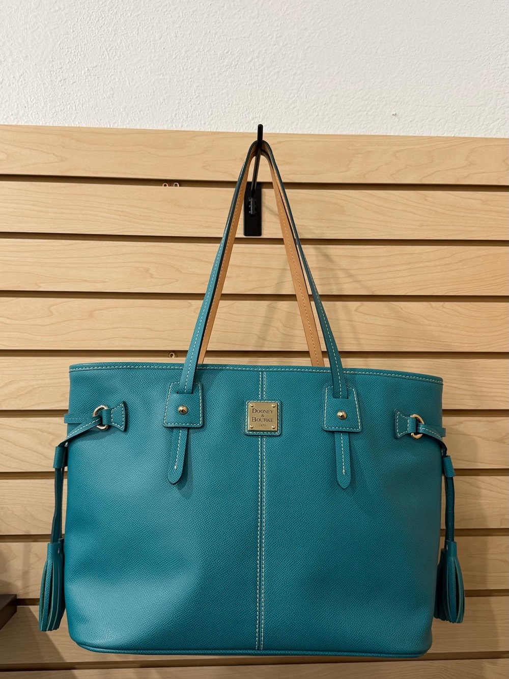 Dooney & Bourke Teal Leather Tote with Tassel Accents
